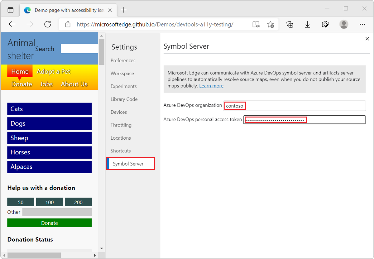 The 'Symbol Server' page in DevTools Settings, where you enter your Azure DevOps personal access token