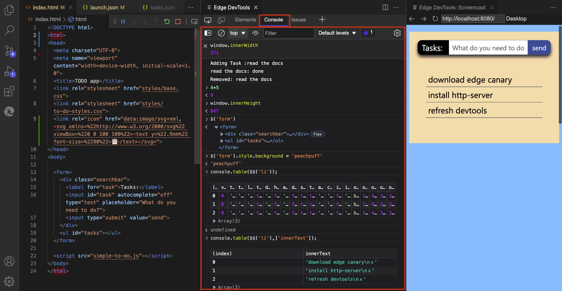 The Console tool in the main toolbar of the Microsoft Edge DevTools extension for Visual Studio Code