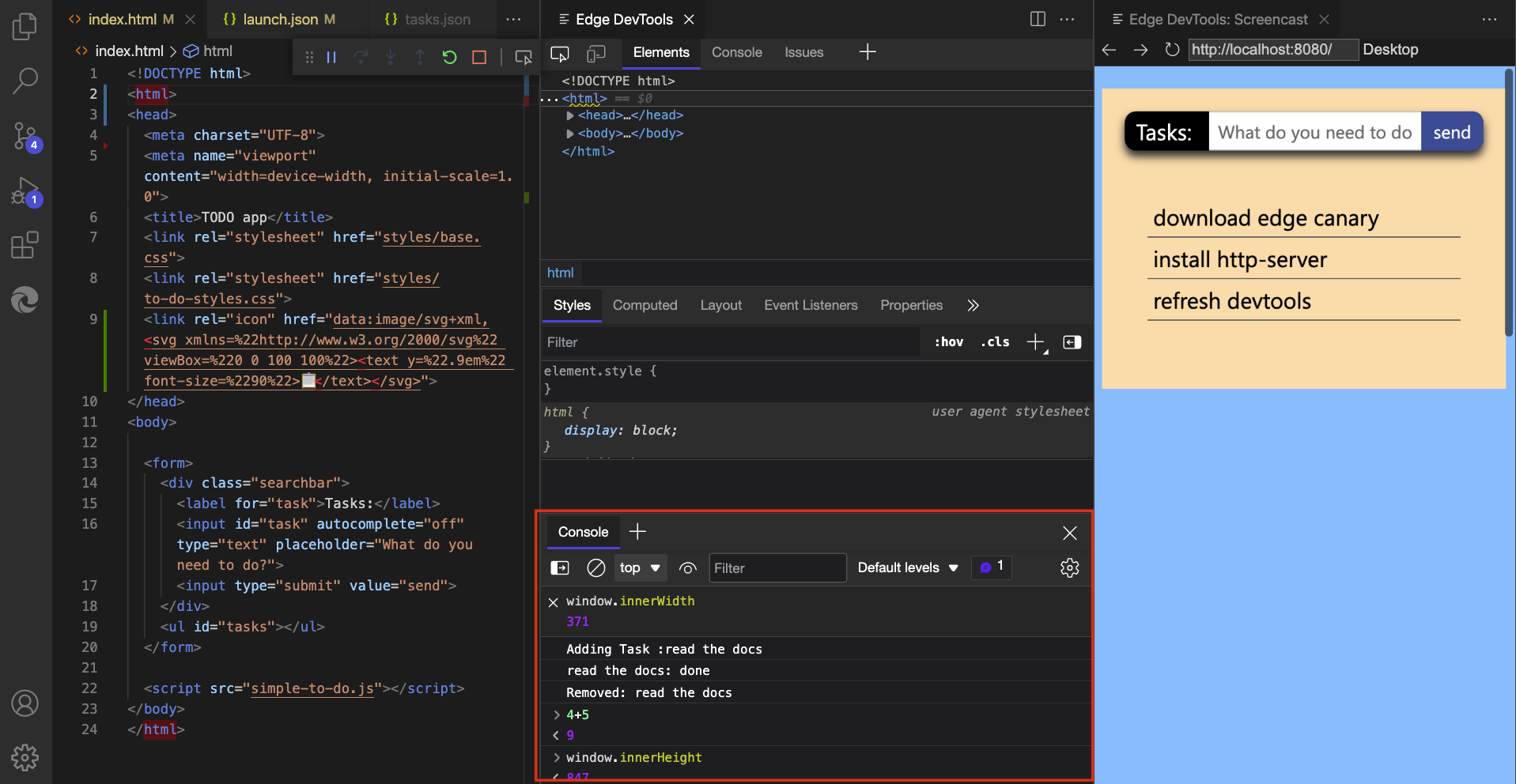 The Console tool in the Drawer of the Microsoft Edge DevTools extension for Visual Studio Code