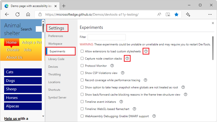 Help icons for Settings > Experiments checkboxes