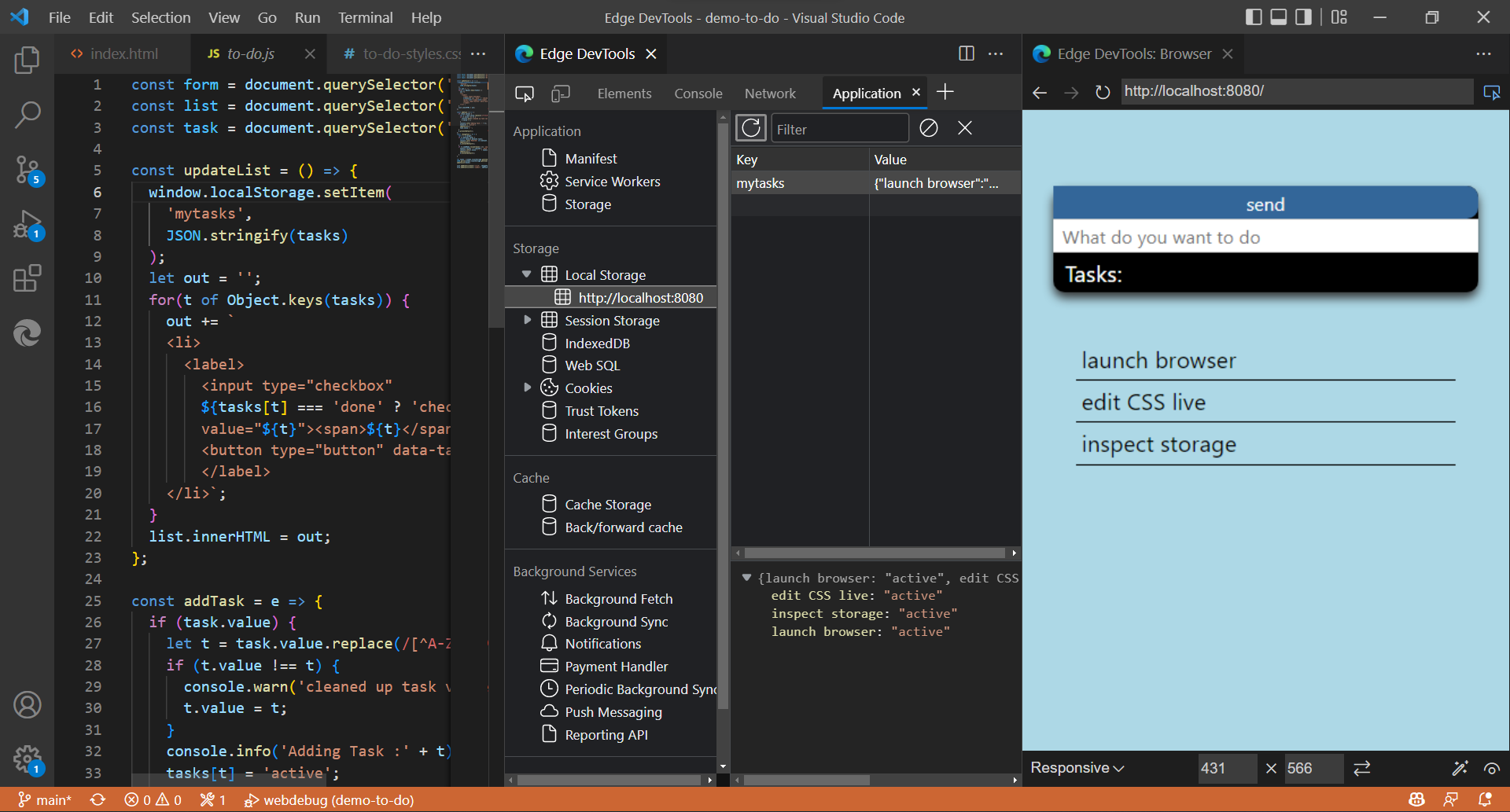 The Application tool in the 'Edge DevTools' tab within Visual Studio Code