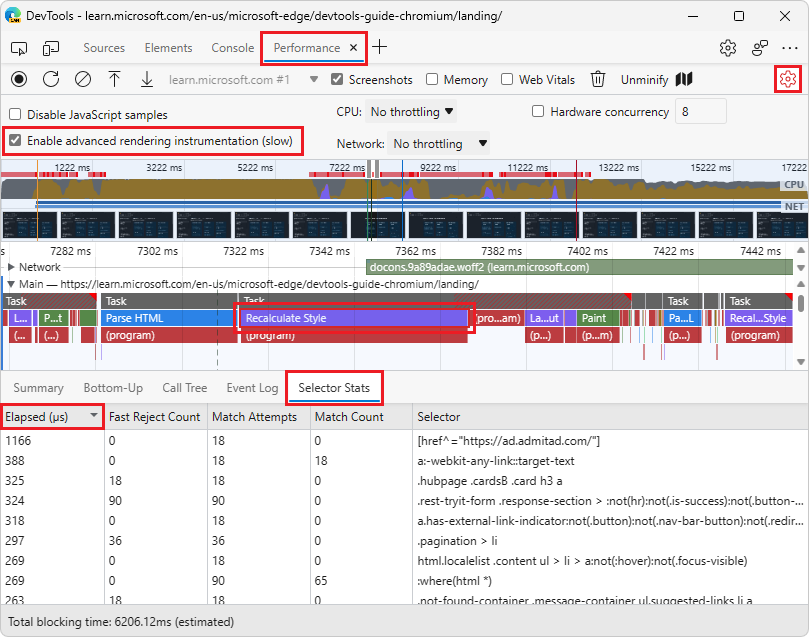 Performance tool Settings 'Enable advanced rendering instrumentation (slow)' checkbox, and 'Selector Stats' tab