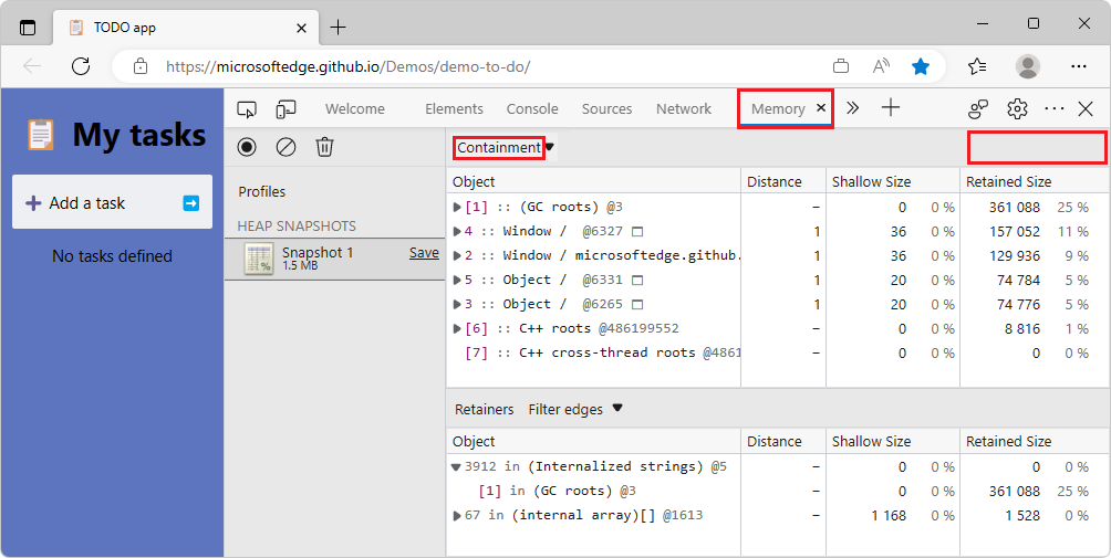 The Node Types filter is not displayed in the Containment view of a heap snapshot