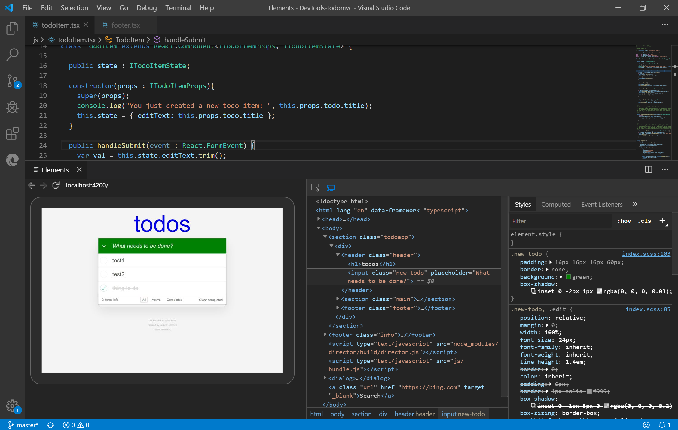 The Elements tool in Visual Studio Code using the Elements for Microsoft Edge extension