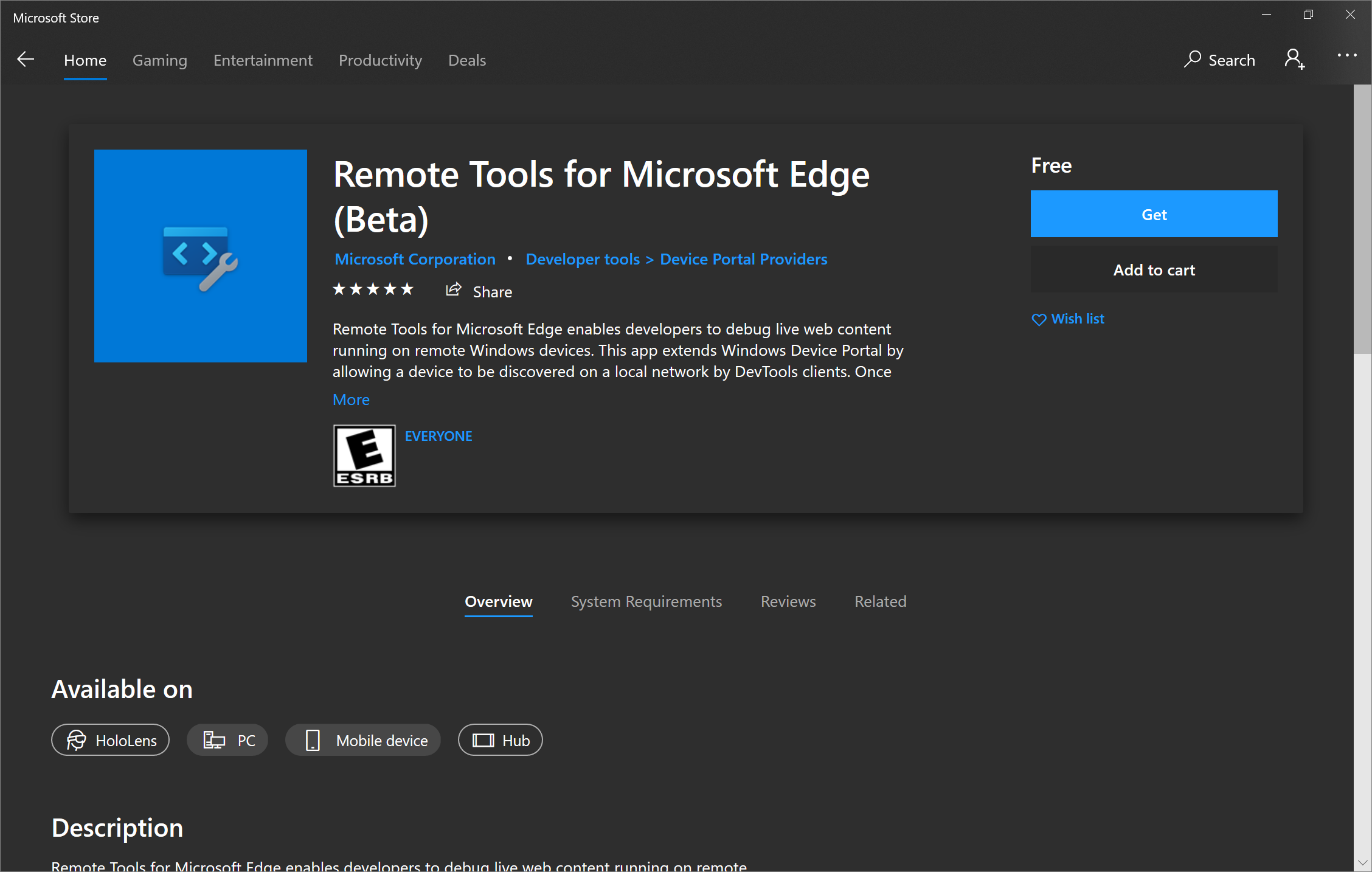 The Remote Tools for Microsoft Edge (Beta) app available in the Microsoft Store.