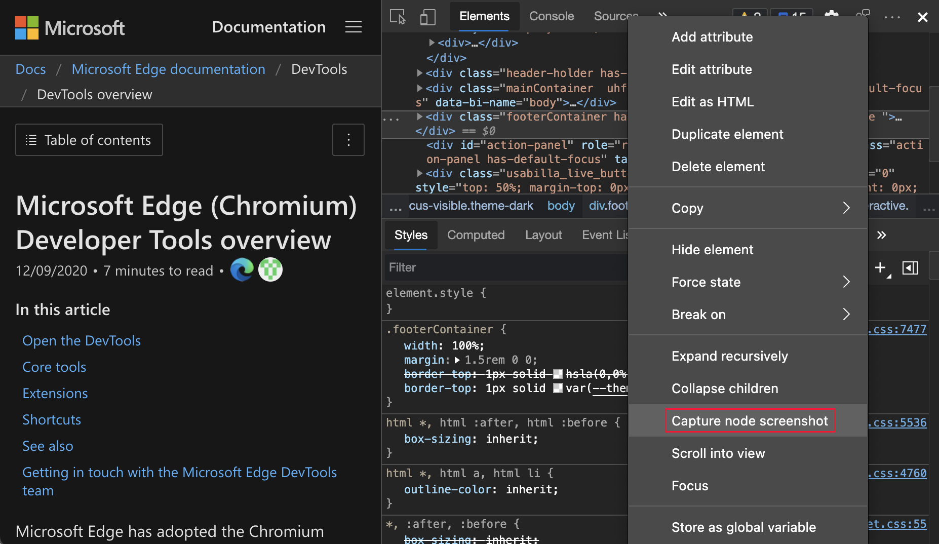 Capture node screenshot highlighted on the context menu in the Elements tool