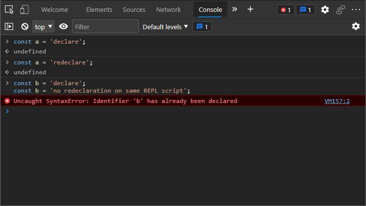 Redeclaring a const variable is allowed in the console.