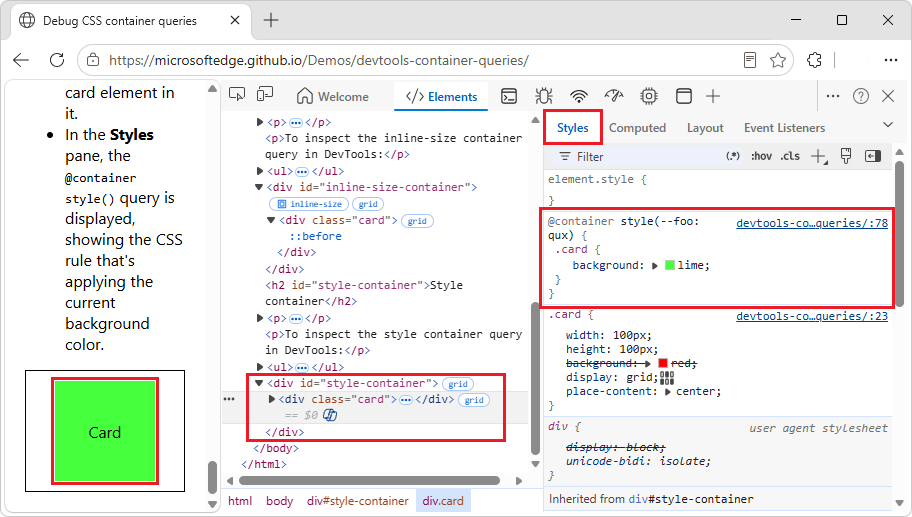Style CSS container query