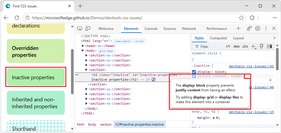 Inactive CSS declaration with a hint