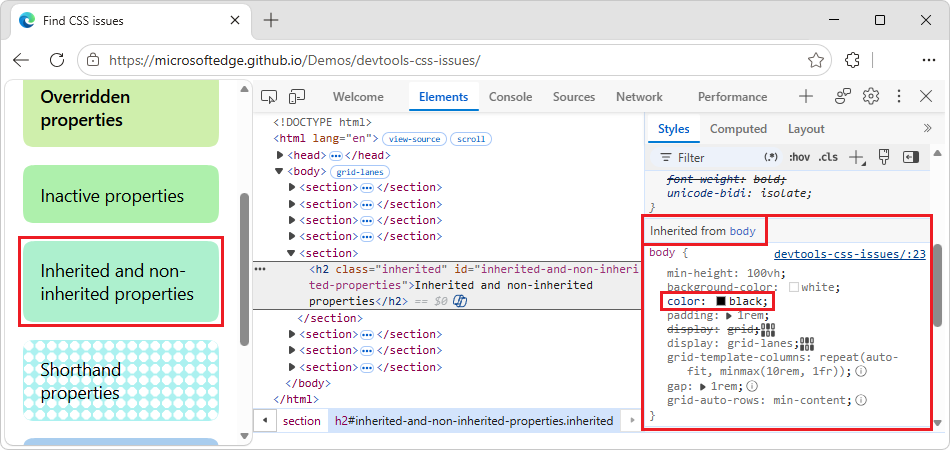 The 'Inherited from body' section listing inherited and non-inherited CSS