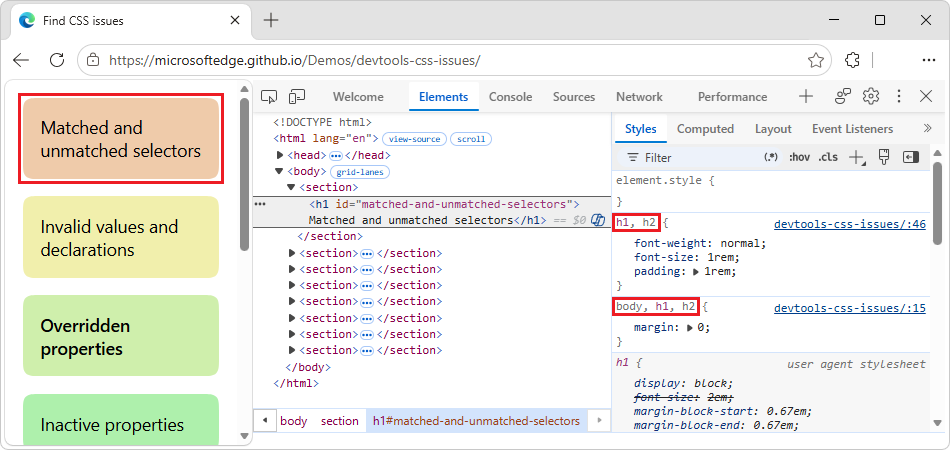 Matched selector in regular text and unmatched selectors in dimmed text