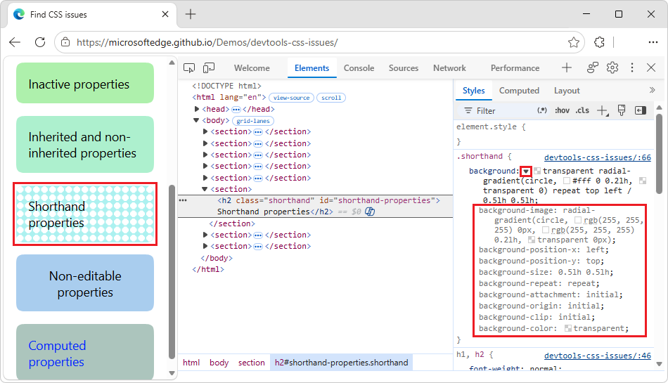 The "background" property with a dropdown list