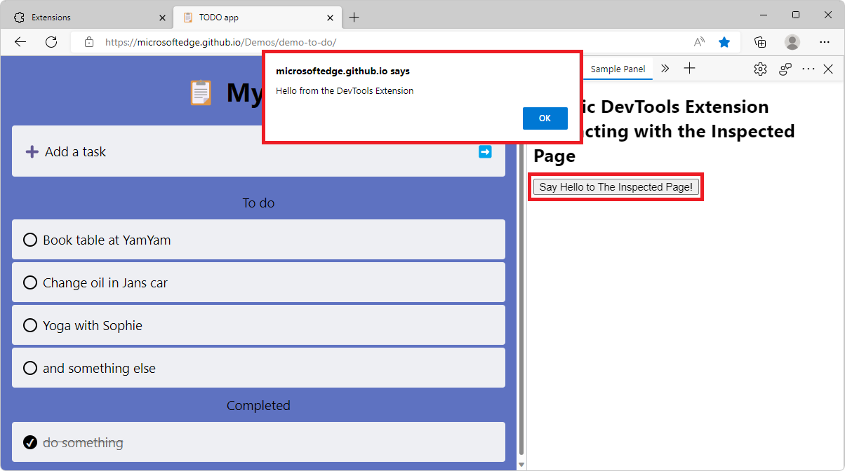 Microsoft Edge, showing the new extension panel in DevTools on the side, and an alert dialog window
