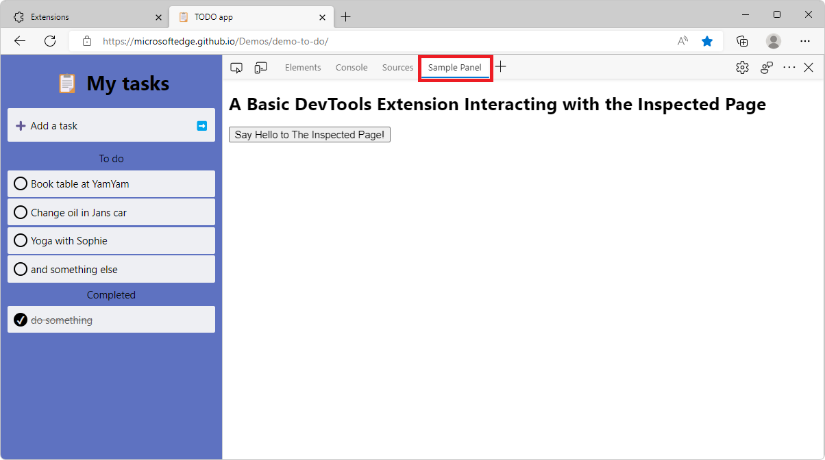 Microsoft Edge, showing DevTools on the side, with the extension's Sample Panel selected
