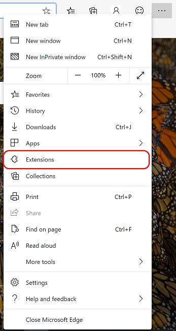 Opening the edge://extensions page