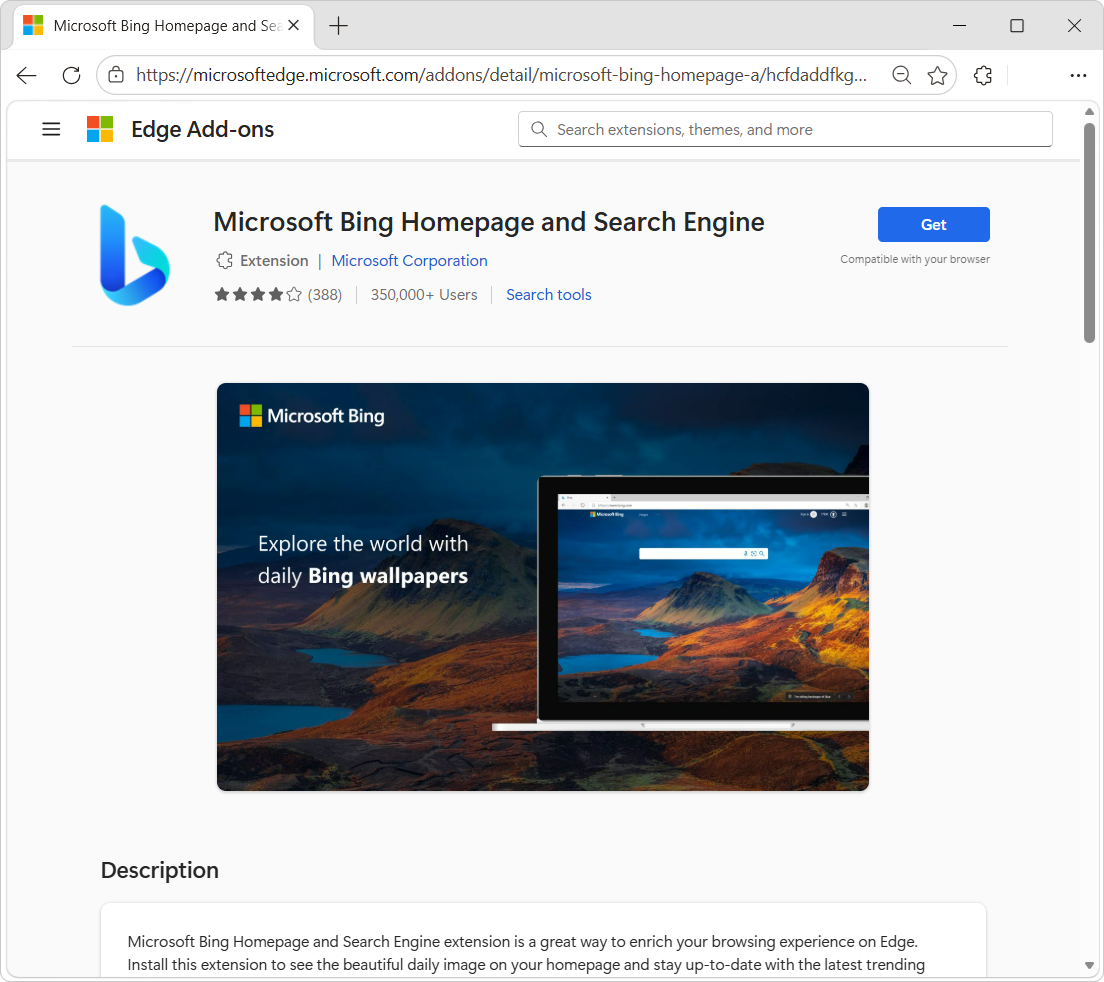 The Microsoft Bing Homepage and Search Engine extension