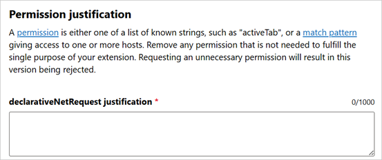 An example "Permission justification" text box