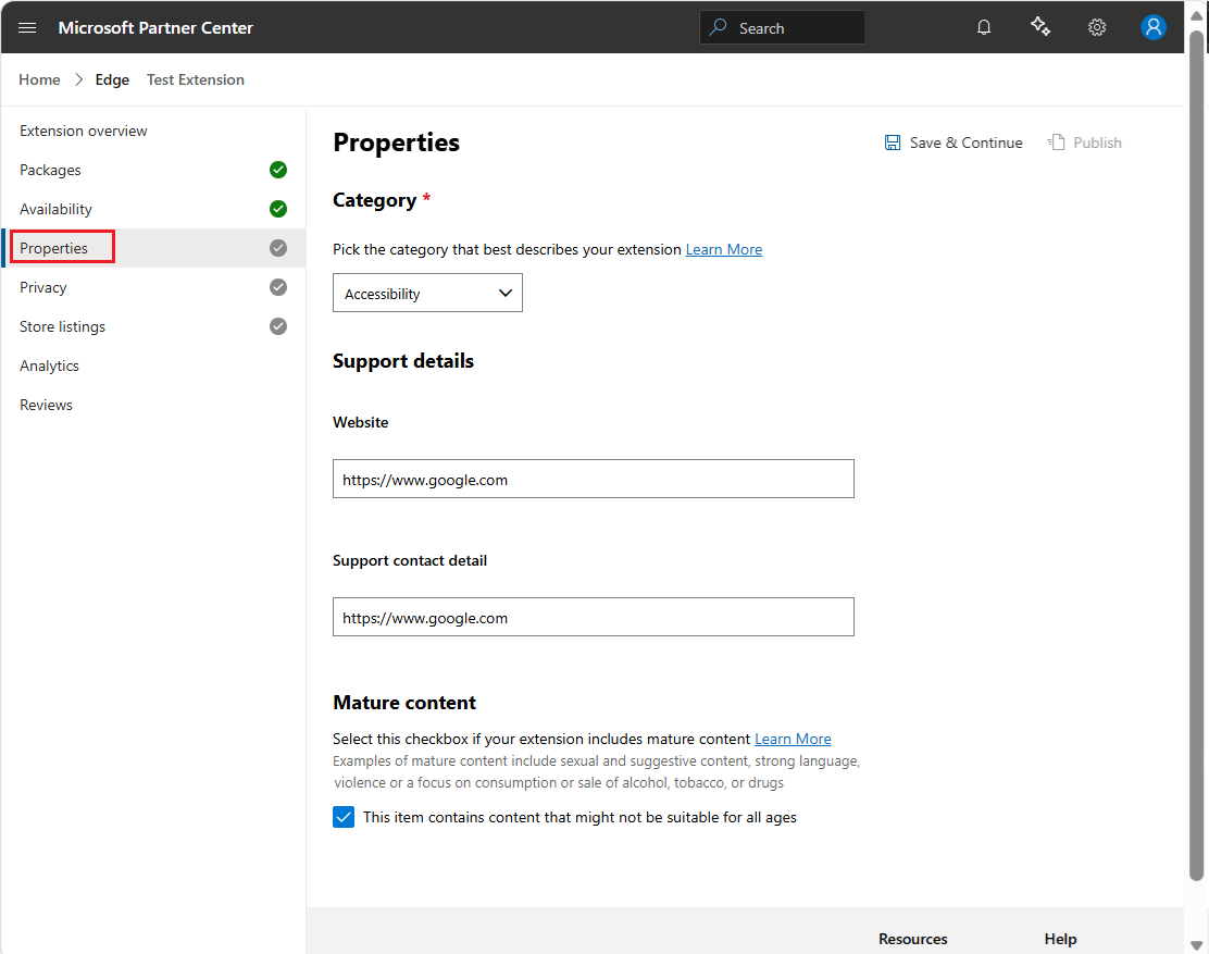 The Properties page for an extension