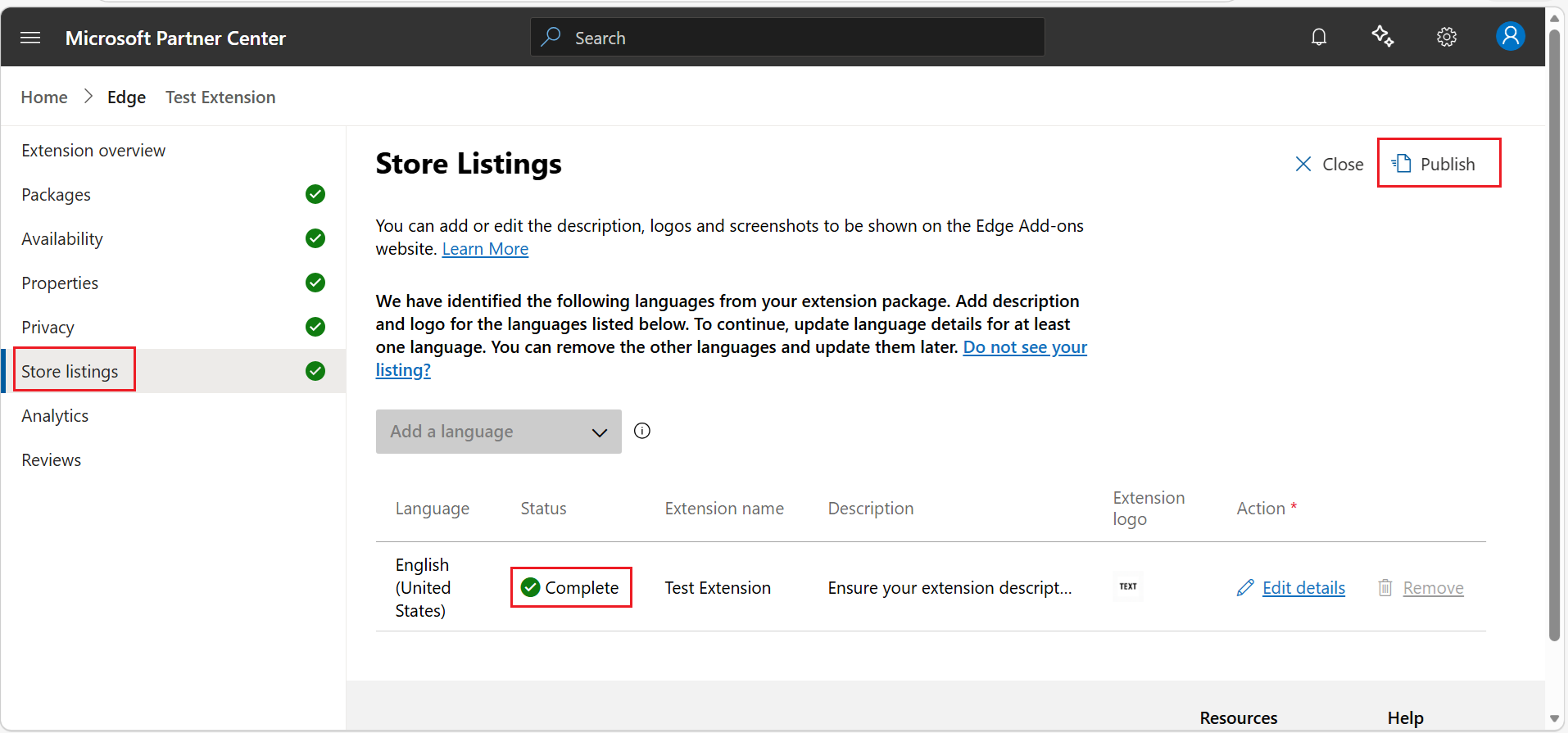The Store Listings page with Status: Complete