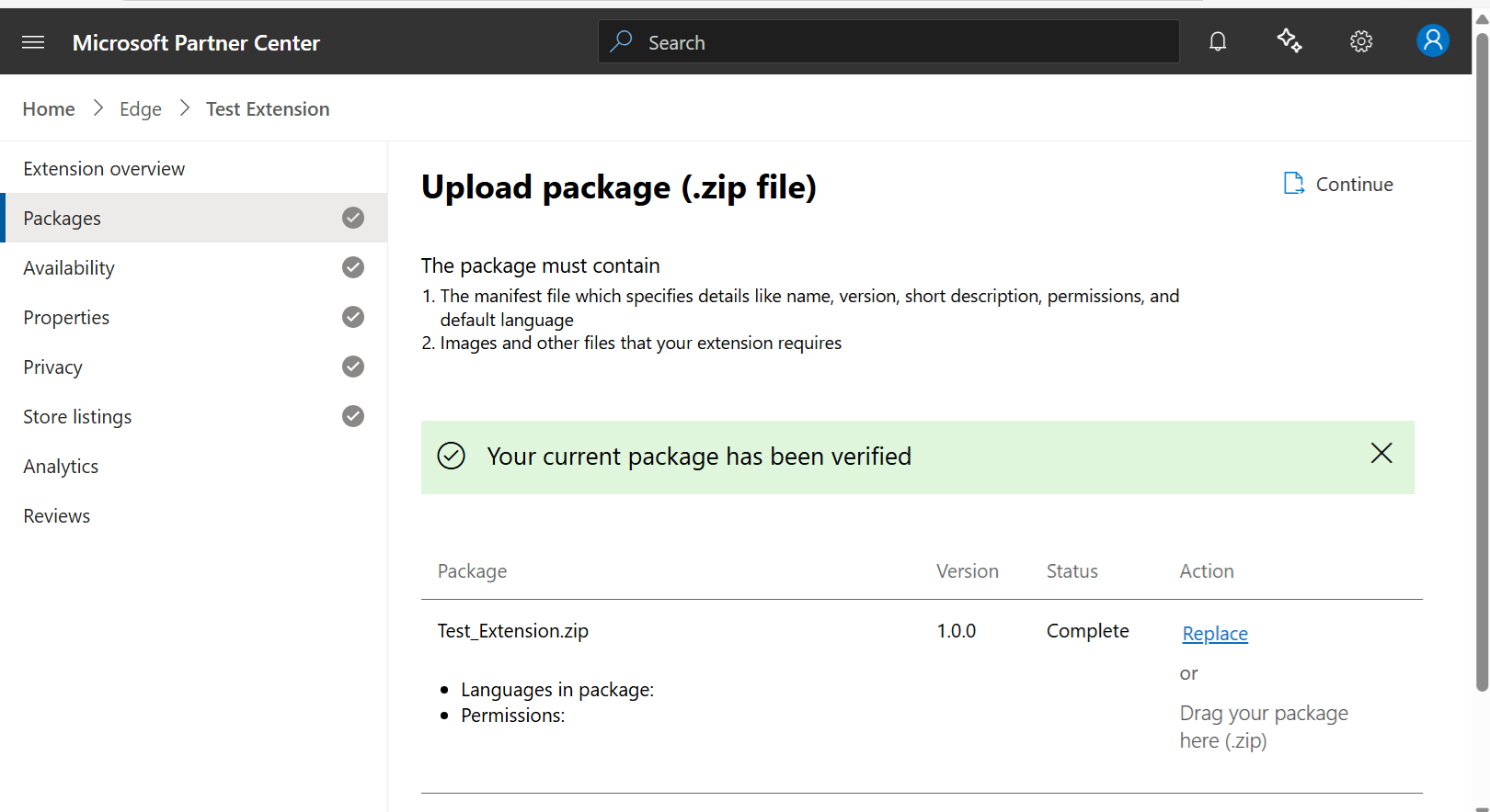 The "Upload package" page after package verified