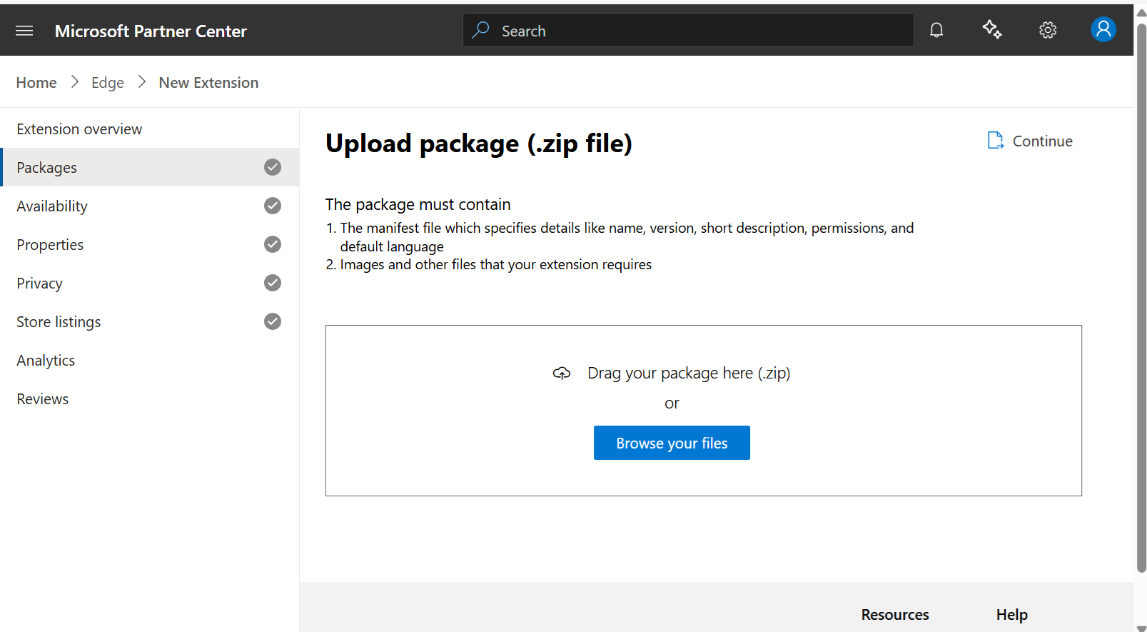 The "Upload package" page