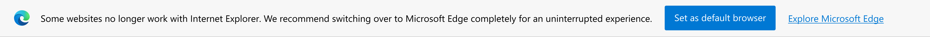 Notification about modern sites and prompt to set Microsoft Edge as default browser or explore Microsoft Edge.