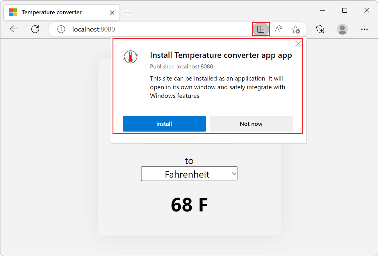 Microsoft Edge, with the sample PWA in a tab. The App available button in the address bar has been clicked and the installation prompt is displayed