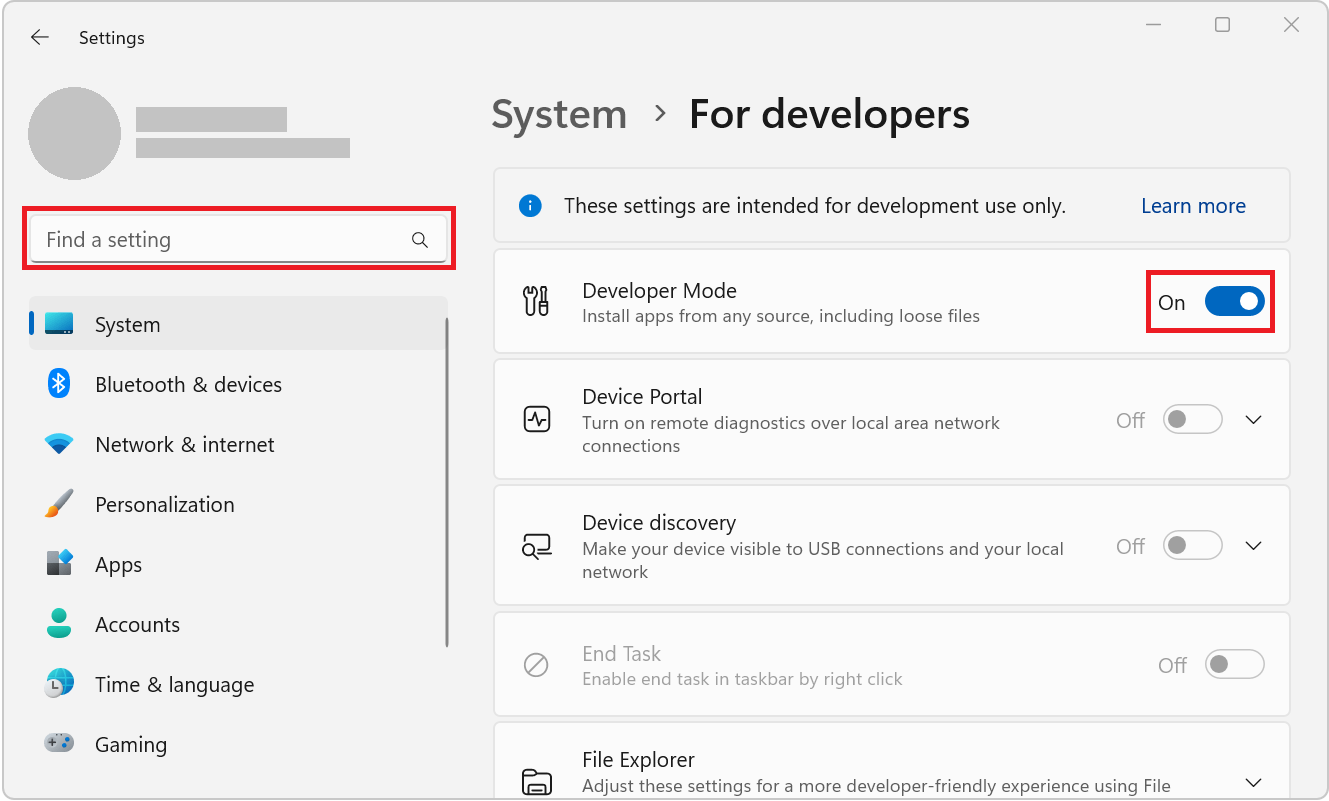 The Developer settings of Windows 11