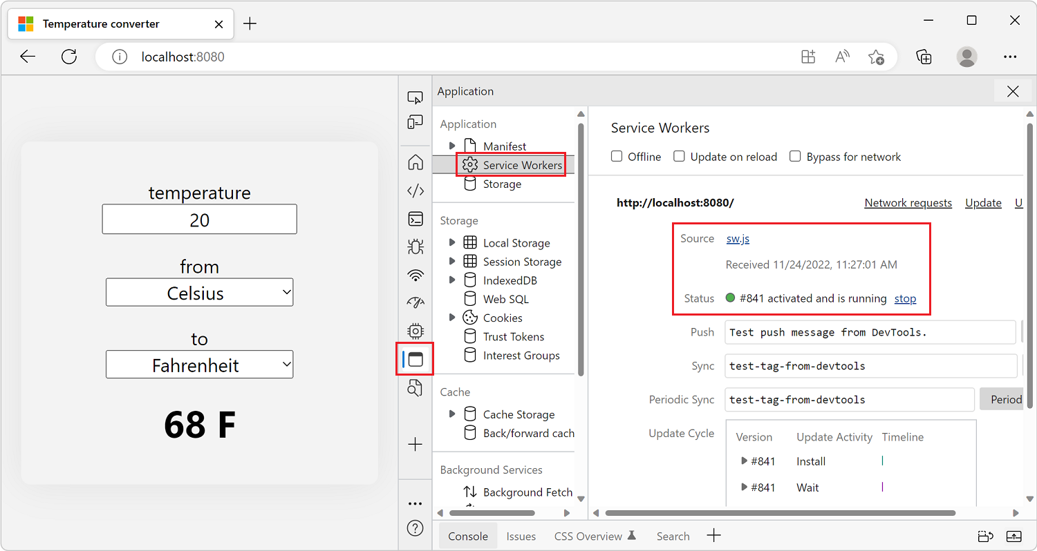 The DevTools Application tool, showing the Service Workers panel, with the new sw.js worker running