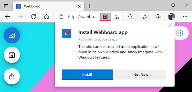 The installation prompt in Microsoft Edge.