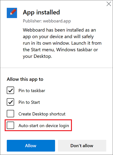 The post-installation dialog automatically opens after an app is installed