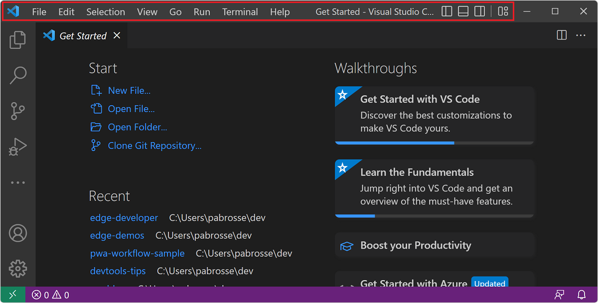 Visual Studio Code displays content in the title bar area