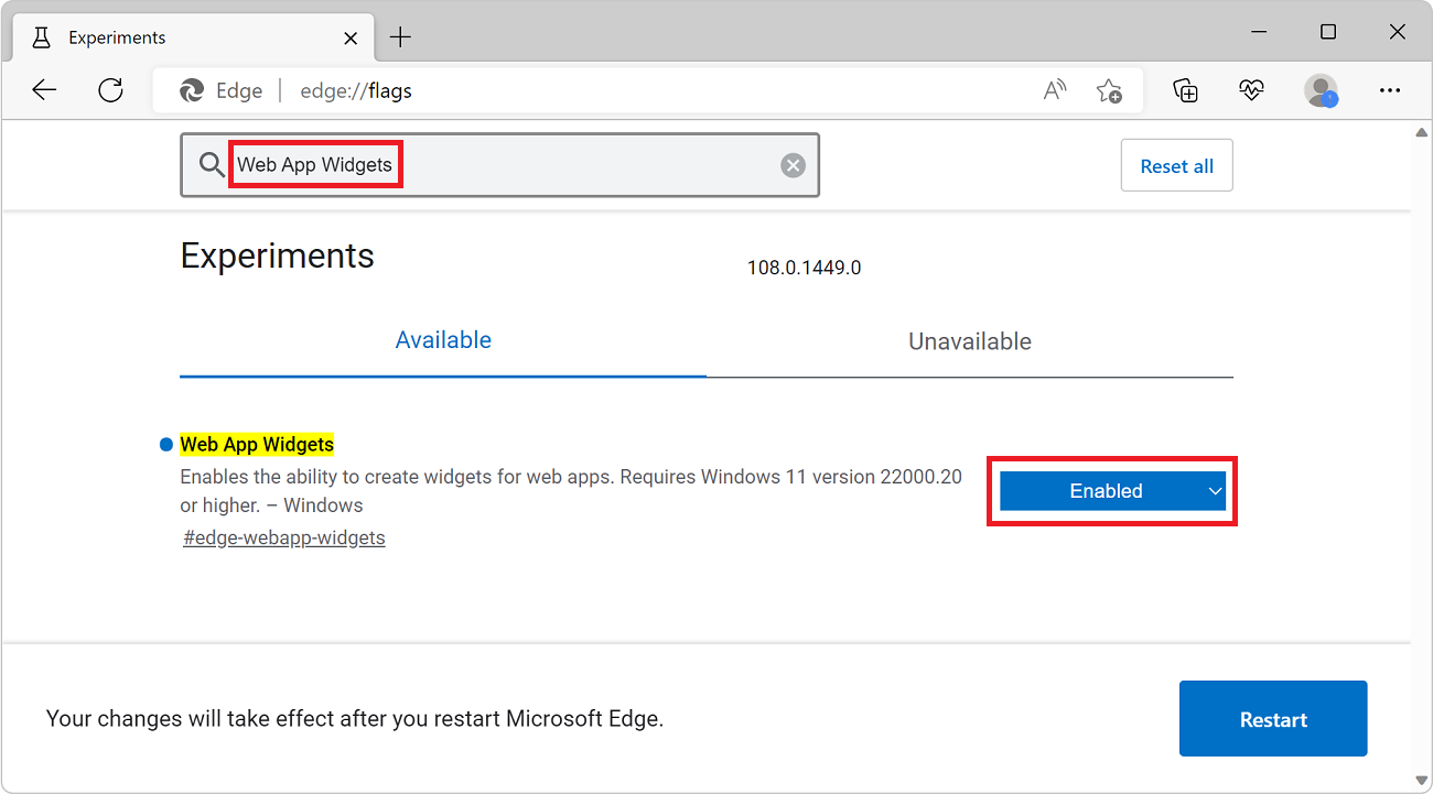 Enabling the Web App widgets flag in the edge://flags page