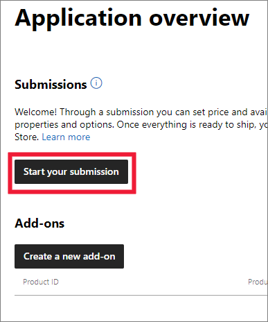 Start a new app submission on Windows Partner Center.