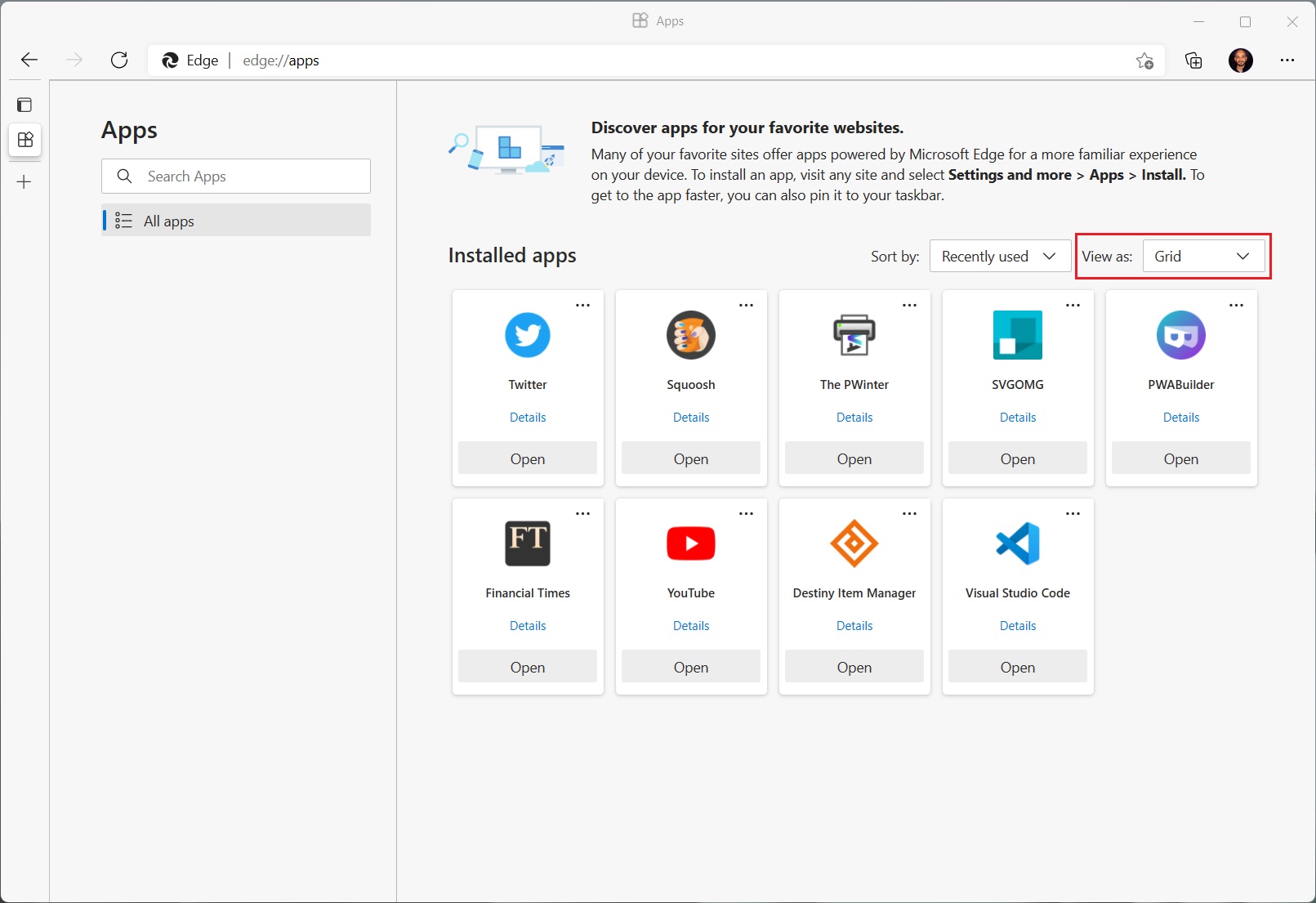 The new, app management page in Microsoft Edge.