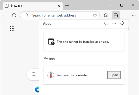 Edge Settings > View apps listing the temperature converter