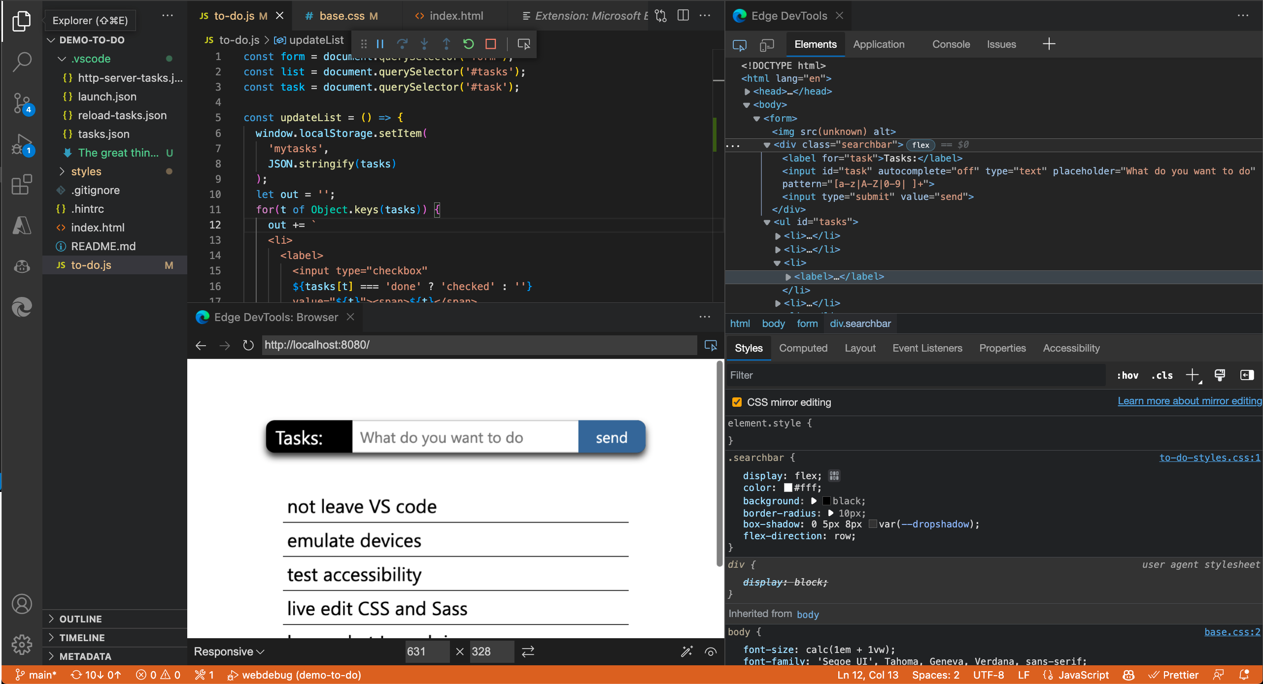 Extension open in Visual Studio Code showing the browser preview below the source code and the DevTools to the right