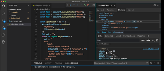 The Inspect button opens Microsoft Edge DevTools inside Visual Studio Code