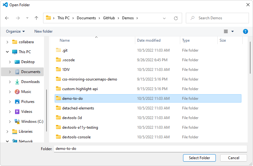 Open Folder: demo-to-do