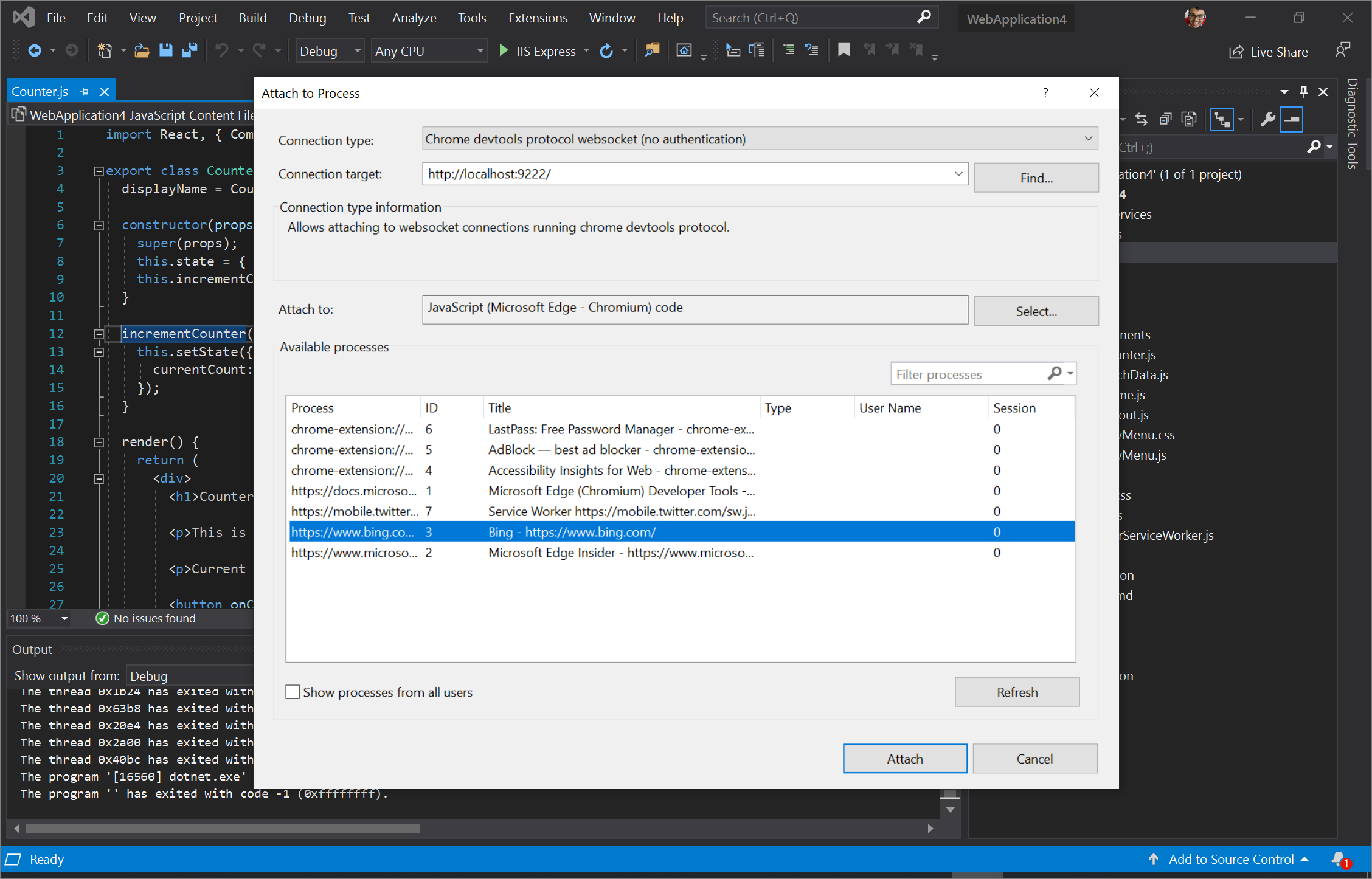 Configuring the 'Attach to Process' dialog in Visual Studio.