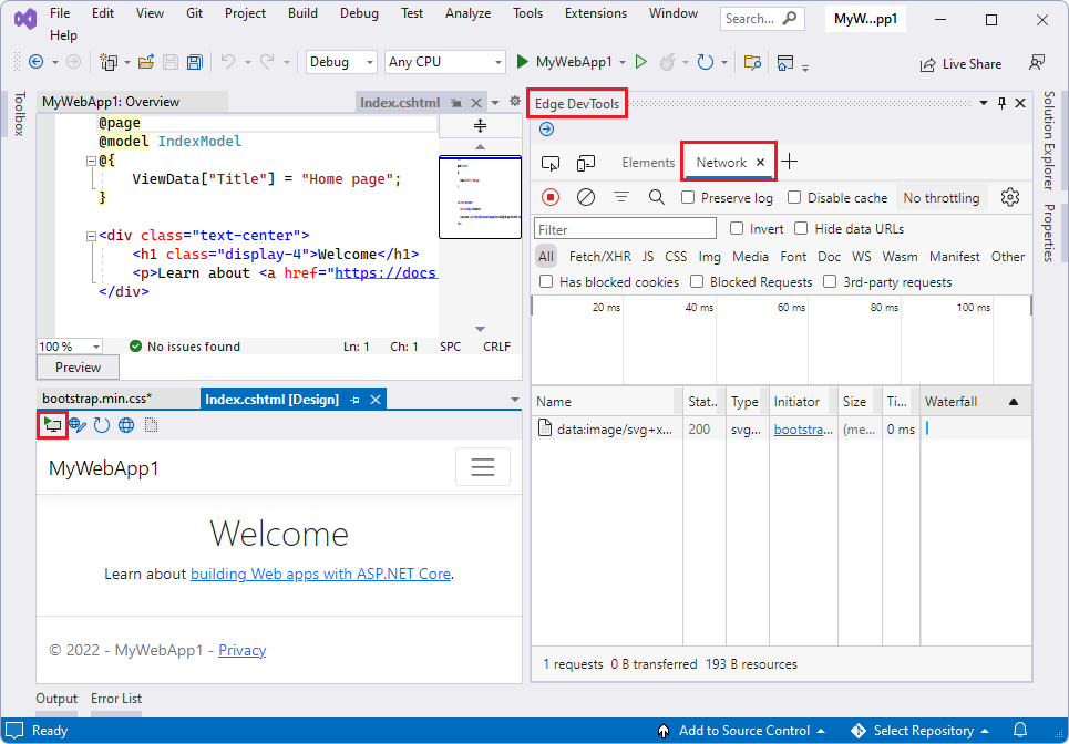 Microsoft Edge Developer Tools for Visual Studio: Network tool of DevTools.