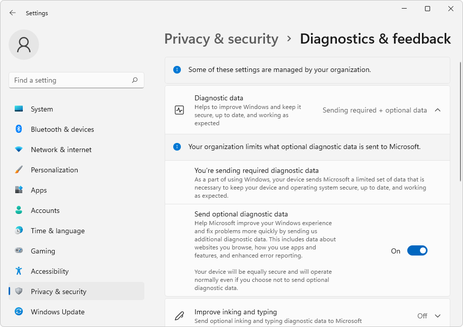 Settings on Windows 11 for Diagnostic data
