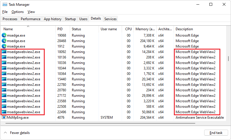 Task Manager's Details tab, listing instances of the msedgewebview2.exe process