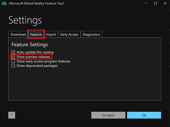 the Feature tab in Settings for the Mixed Reality Feature Tool