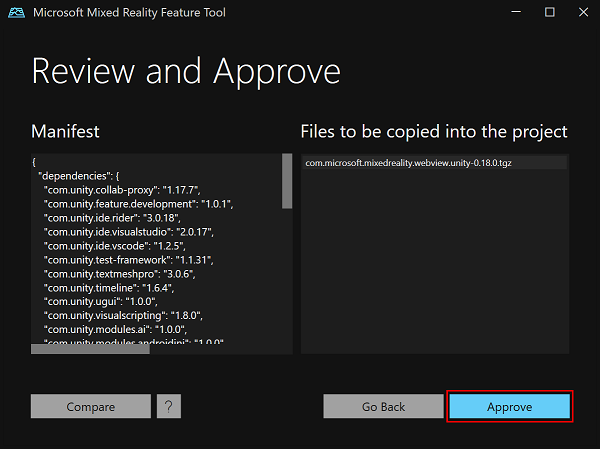 The Review and Approve pane in the Mixed Reality Feature Tool