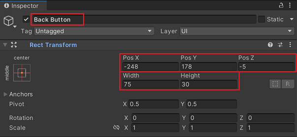 Updated Back Button properties in Unity's Inspector