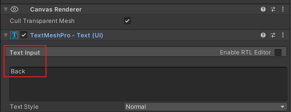 Change button's text to 'Back' in Unity's Inspector