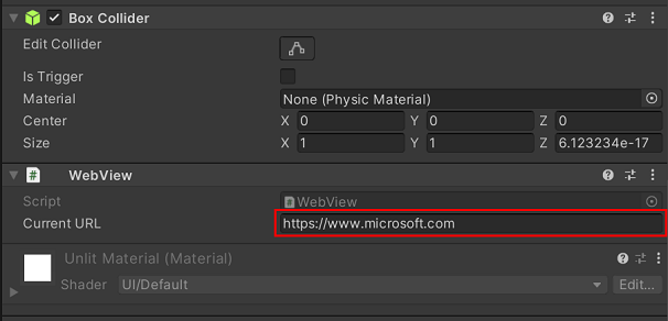 The Current URL input field for WebView prefab in Unity's Inspector