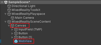 Updated scene hierarchy with new components in Unity