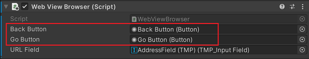 The WebView Browser Prefab with assigned variables in Unity's Inspector